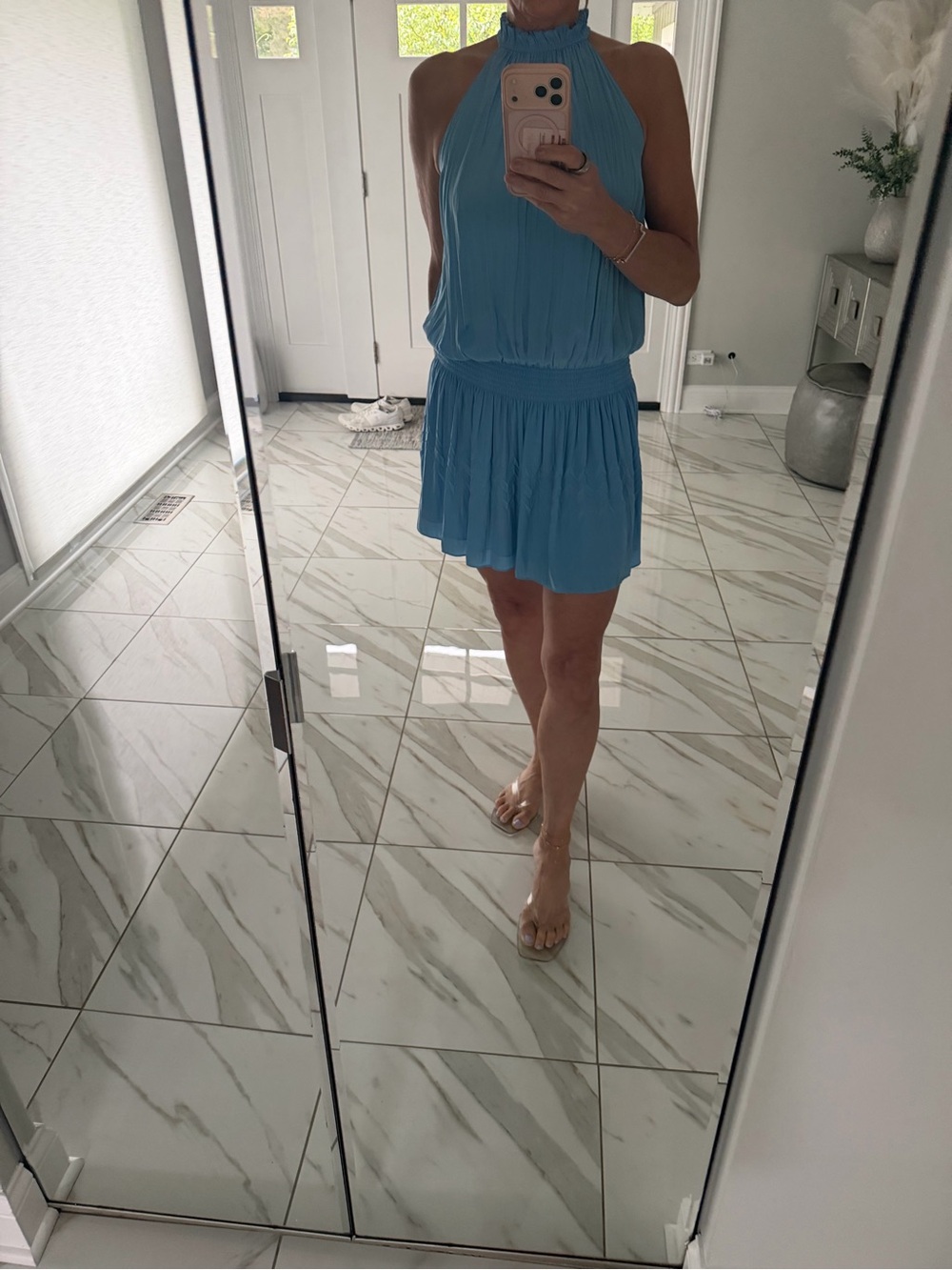 Ramy Brook Sky Blue Halter Pleated Mini Dress